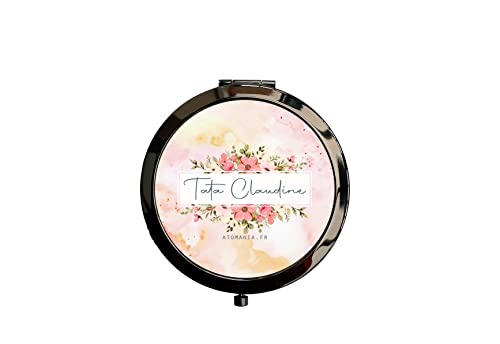 Miroir de poche personnalisable Douceur, Atomania, en métal de couleur noire, diamètre 70 mm