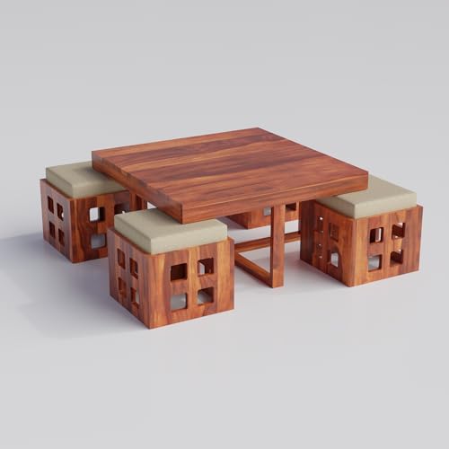Image of Solid Sheesham Wood Coffee Table with 4 Stool | Square Centre with Stools | for Living Room Honey Finish, Pre Assembled