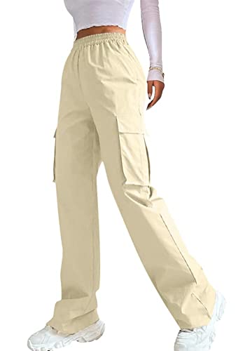 seiveini Pantalones Largo Mujer Y2k Pantalones Cargo Baggy con Bolsillos Pantalón Largo Deportivos Suelto Pantalon Cargo de Pierna Ancha Streetwear Chic Tallas Grandes A Albaricoque S Cover