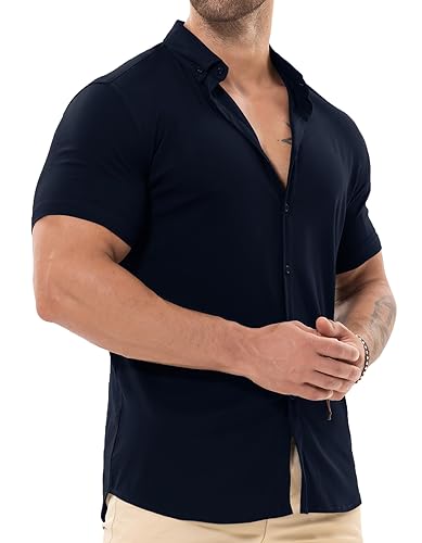 Askdeer Men's Muscle Fit Shirts Wrinkle-Free Short Sleeve Casual Shirt Stretch Slim Button Down Shirt3