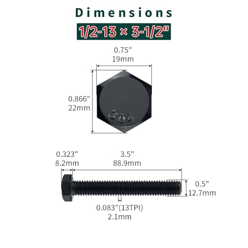 Image of 1 /2-13 x 3-1 /2 inch Hex Bolts with Nuts and Washers (4 Sets), 18-8 (304) Stainless Steel, External Hex Drive, Black Oxide Coated Hexagon Head Bolts Screws, Fayeploo