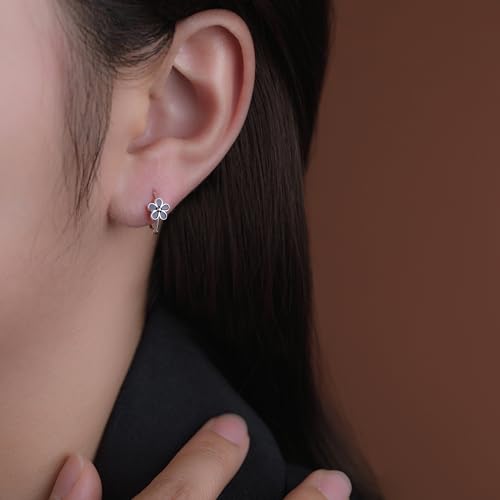 Reffeer Solid 925 Sterling Silver Daisy Flower Hoop Earrings Huggie for Women Teens Black Flower Hoop Earrings Spring Cartilage Helix Earrings2