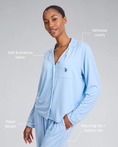 Image of U.S. POLO ASSN. Womens Lightweight Notch Collar Pajama Set | Classic Button Down Pajamas for Women with Long Sleeve Top and Pajama Pants