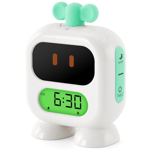 Seucasu Kids Alarm Clock Ok to Wake with Green Light Red Light, Nap Timer, Robot Toddler Sleep Training Clock for Children (Green)