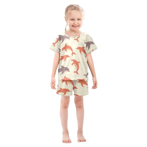 ALAZA Orange Gray Dolphin Pajamas Set Short Sleeve Cotton Sleepwear Summer Pjs 2 Piece 5-14Y3
