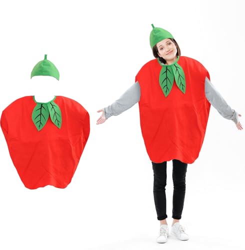 IGEAIIE Costume de pomme pour adultes, tissu non tissé, costume de cosplay amusant avec couvre-chef, costume de soirée déguisée pour jeu de rôle, Halloween et événements à thème, rouge