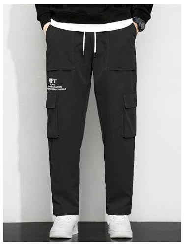 OYOANGLE Men's Letter Print Cargo Pants Drawstring Waist Flap Pocket Trousers Streetwear3