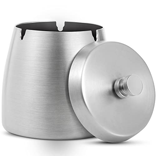 Cenicero Exterior, Cenicero Con Tapa Portatil Ceniceros Antiolores Prueba de Viento Moderno de Acero Inoxidable Metal Ashtray para Jardin Oficina Balcón Sala de Estar - Plateado Cover