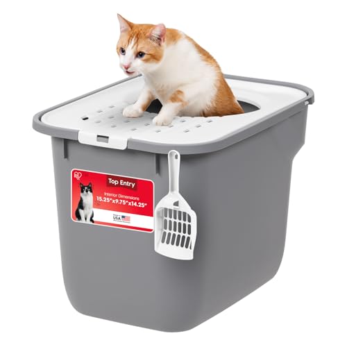 IRIS USA Large Top Entry Cat Litter Box with Lid Enclosed Covered Cat Litter Box for Indoor Cats Dog Proof Design Odor Control Litter Tracking Reduction Scoop Included Gray/White