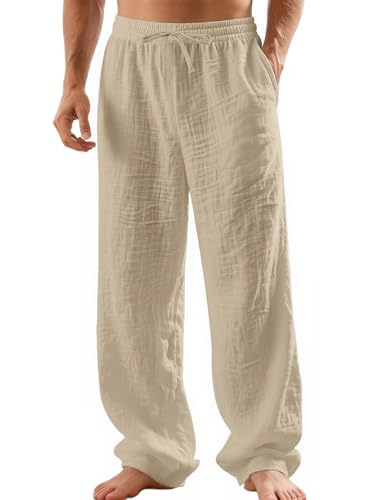 TRFIC Mens Linen Pants Yoga Beach Loose Fit Casual Summer Elastic Waist Drawstring Baggy Trousers with Pockets Khaki