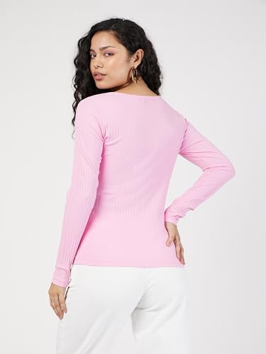 Image of SASSAFRAS Women's Slim Fit Full Sleeves Rib Square Neck Ribbed Basics - Casual Ribbed T-Shirt Tops