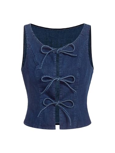 Floerns Women's Y2k Bow Tie Denim Jacket Sleeveless Scoop Neck Crop Jean Vest