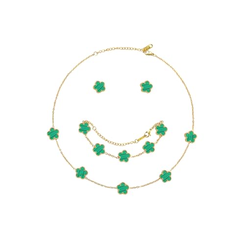 Hanaoops Conjunto de Joyas para Mujer con Trébol de Cuatro Hojas 18K Oro Plateado Acero Inoxidable Doble Cara Trébol de Cuatro Colgante Collar Pendientes Pulsera Juego de Joyas (Green)