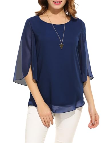 Timuspo Damen Chiffon Bluse Casual Tunika Große Größen Business Oberteil Sommer Party Festlich Marineblau，XXL