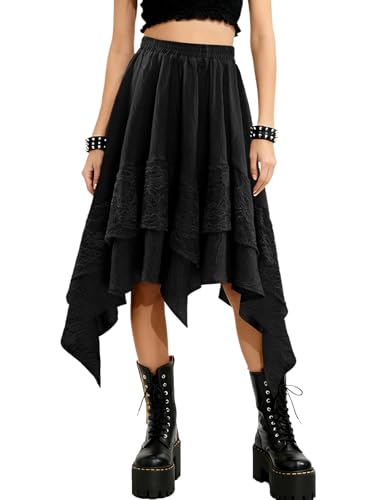 Bridesmay Falda renacentista para mujer, de encaje, asimétrica, escalonada, midi, Negro, XL