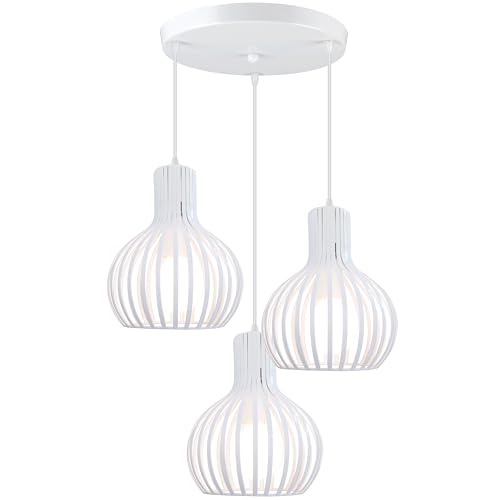 iDEGU 3 Pendelleuchten, modern, Kronleuchter, Deckenleuchte aus Metall in Form eines Käfigs, Retro-Deckenlampe für Schlafzimmer, Wohnzimmer, Küche, Esszimmer, Restaurant (20 cm, weiß, Kreis)