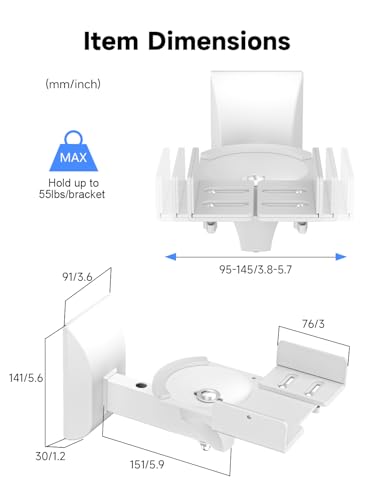 Image of suptek Small Dual Side Clamping Bookshelf Speaker Wall Mounting Bracket for Small Surrounding Sound Speakers, Hold up to 55lbs White SPM201SW