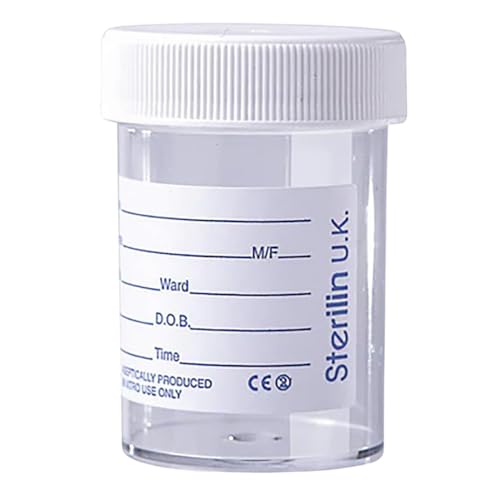 10 x Sterilin Urine Sample Bottles Specimen Pot Graduated Container with Lid & Printed Label 60ml for Urine Medical Collection Suitable For NHS Spill Proof