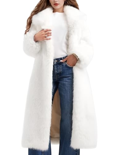 Flygo Womens Long Faux Fur Coats Winter Fluffy Open Front Luxury Overcoat Shaggy Lapel Long Sleeve Fuzzy Warm Cardigan Jacket(White-M)