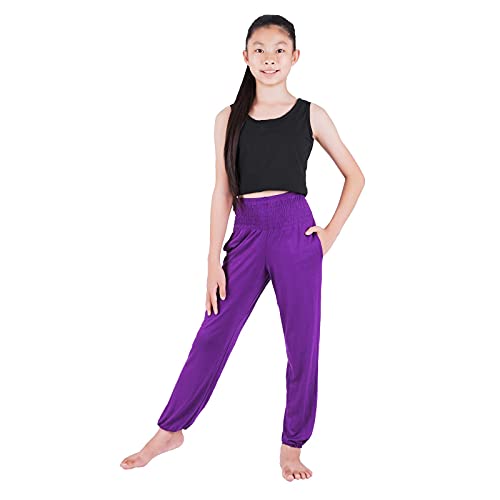 Lofbaz Pantalon de Yoga pour Les Enfants Taille Haute Sweatpants entraînement Joggers Fille Garçon Vętements décontractés Pyjama Violet 5-6 Ans Cover
