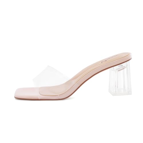 Image of vivianly Women's Low Block Heels Sandal Square Open Toe Chunky High Heels Slip on Heeled Sandals Mules Slide for Party Wedding Dress Shoes