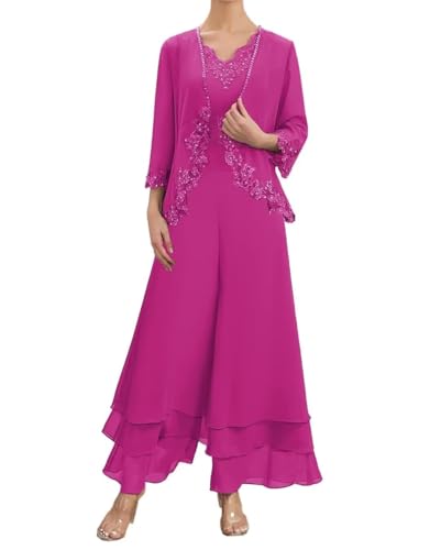 2 Pieces Mother of The Bride Pant Suits Long Sleeve Chiffon Lace Appliques Outfit Set Wedding Guest Dress with Jacket - Main Image