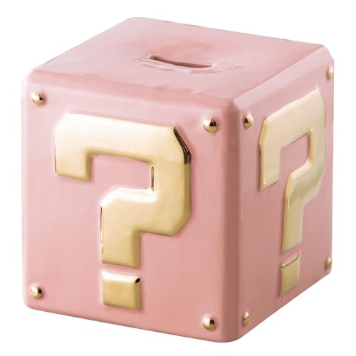Yundu Ceramic Piggy Bank for Adults & Kids - Square Money Box for Cash Saving, Coin Bank with Golden Question Mark Design for Boys & Girls (Pink...