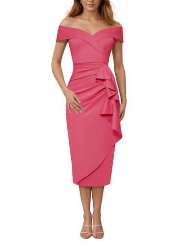 Satin Mother of The Bride Dresses for Women Off Shoulder Tea Length Wedding Party Gown