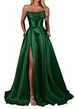 HYEC7 Long Slit Strapless Satin Dress Prom Emerald Green Tall Evening Gown A Line Sleeveless Elegant Backless Ball Gowns Plus Size Party Dresses for Women with Pockets