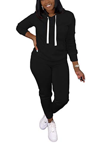 Women's 2 Piece Outfits Cute Sports Sweatsuits Long Sleeve Pullover Hoodies + Long Pants Tracksuit Lounge Jogger Sets (R6346-Black,S)