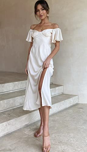 Phicia LYQ027-CHAMPAGNE-XL 2023 Summer Women'S Satin Off Shoulder Formal Dress Wedding Guest Elegant Butterfly Sleeve Split Cocktail Prom Midi Dresses Champagne thumb #4