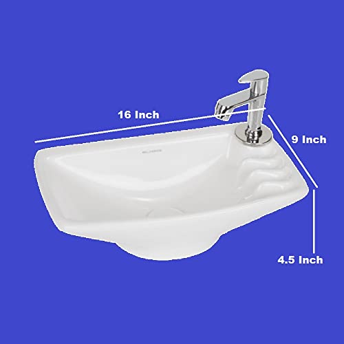 Image of Wash Basin Wall Hung Mounted Glossy Finish White Sink for Bathroom (16 x 9 x 4.5 Inch)