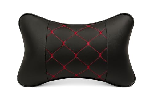 Image of Leather Car Neck Pillow for Travel, Travel Micro Fiber Rest Pillow /Cushion Set of Pillows Compatible with All Cars - Pack of 2 Pieces (Red Black)