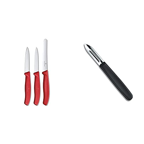 Victorinox Swiss Classic Paring Knife Set, 1.2cm, Set of 3, Red + Victorinox Peeler – Stainless Steel Kitchen Tool for Home & Professional Use , Black, Swiss Made