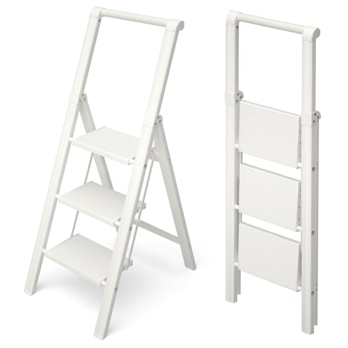 HillhutApex 3 Step Foldable Aluminum Step Ladder with Handgrip Anti-Slip Pedal 330 lbs Capacity Lightweight & Portable for Home Kitchen Office Garage (White)