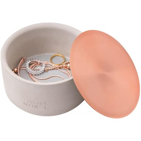 Sasha Morel Round Concrete Jewellery Storage Organiser Case Bowl Trinket Pot with Copper Metal Lid for Small Accessories - Earings Necklace Rings (Single) Cover