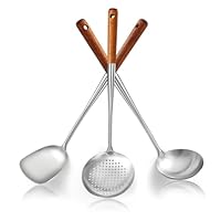 Evanda Wok Spatel Set 43 cm, hitzebeständiger Holzgriff Wok-Werkzeuge aus Edelstahl, Metallspatel, Schöpfkelle, Küchenabschäumer, professionelles Küchen Kochutensilien Set, spülmaschinenfest