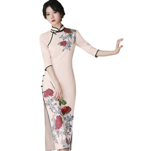 CBROOT Vestido Chino De Mujer - Moderno Mejorado Cheongsam Estilo Chino Retro Elegante Estilo Tradicional Primavera Otoño Fiesta Vestido De Novia Mangas Largas Slim Qipao, Rosa, S