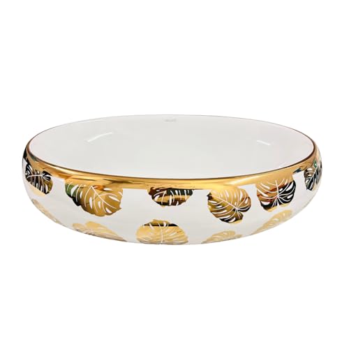 Image of Wallace Designer Oval Table Top Wash Basin White 60x40x15 cm | Premium Ceramic Countertop Vessel Sink with Gold Leaf Pattern | Luxury Over Counter Bathroom Basin