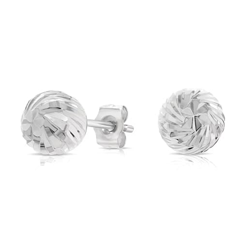 14K White Gold Diamond-cut Ball Stud Earrings with Spiral Hand Engraving, Secure Push-Backing…