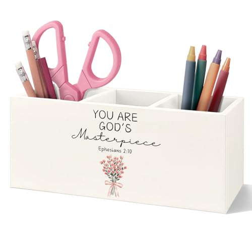 VIIJJUE Pink Floral Christian Wooden Pen Pencil Holder, Christian Gift for Women, Bible Verse Ephesians 2:10 You Are God's Masterpiece Wooden Makeup Brush Toothbrush Holder Organizer