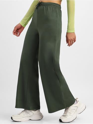 Image of JUNEBERRY Wide Leg Track Pants for Women & Girls (Pure Cotton, Bootcut, Regular Fit, High Rise Trouser, Drawstring, Available in Black, Brown, Navy, Olive Green, Lilac, Beige)