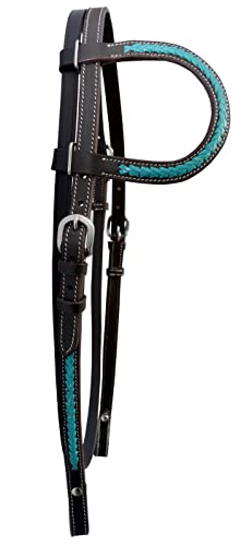 WeavingCraft Horse Tack Genuine Equesterian Top Grain Brown Leather Western One Ear Headstall Bridle with Hand Braided Turquoise Rawhide