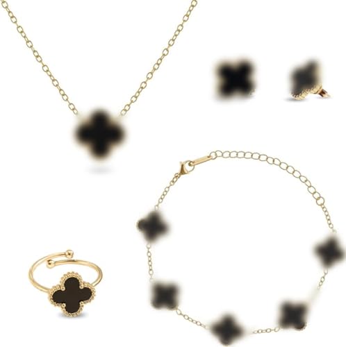18K Goldplattiertes Vierblättriges Kleeblatt Schmuck Set, Edelstahl Zweiseitig Vierblättriges Schmuck, Halskette Ohrringe Armband Ring Valentinstag Muttertag Weihnachten Geschenk für Damen und Mädche