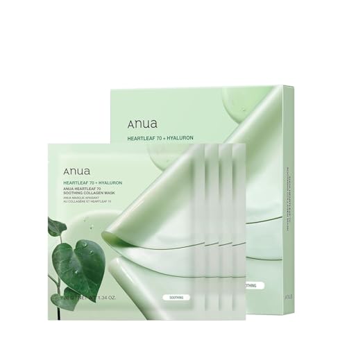 ANUA Heartleaf 70 - Máscara de colágeno calmante para piel de vidrio, ácido hialurónico, colágeno, mascarilla facial calmante e hidratante para piel sensible, color natural, cuidado de la piel coreano