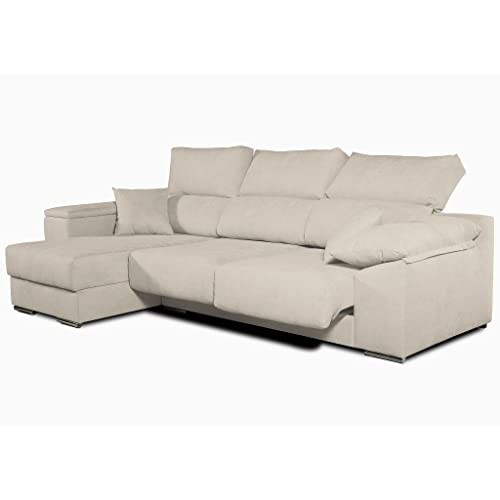 Tanuk Sofá Chaise Longue LODURR Izquierda 4 Plazas Beige 294x160 CM. Asientos Extensibles. Desenfundable. Tejido con Sistema ACUALINE