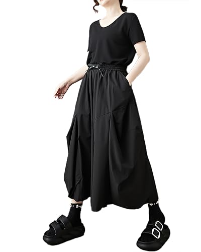 ellazhu Women's Pants Solid Elastic Waist Drawstring Two Side Pockets Plus Size Wide Leg Casual Loose Fashion GZ575 A