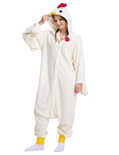 Cilbmua Womens Onesie Pajamas Unisex Animal Costumes for Halloween Cosplay Parties White Chicken Large