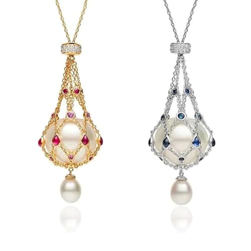 SAVILA Pearl & Gemstone Lavalier Pendant, Handmade Natural Pearl Cage Necklace for Women Girls, Adjustable Metal Braided Mesh Crystal Holder Necklace, Elegant Jewelry Gifts for Mom Wife