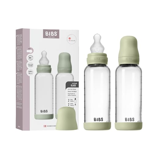BIBS Baby Glass Bottle : pack de 2 biberons en verre de 240 ml avec embout rond en silicone Sage